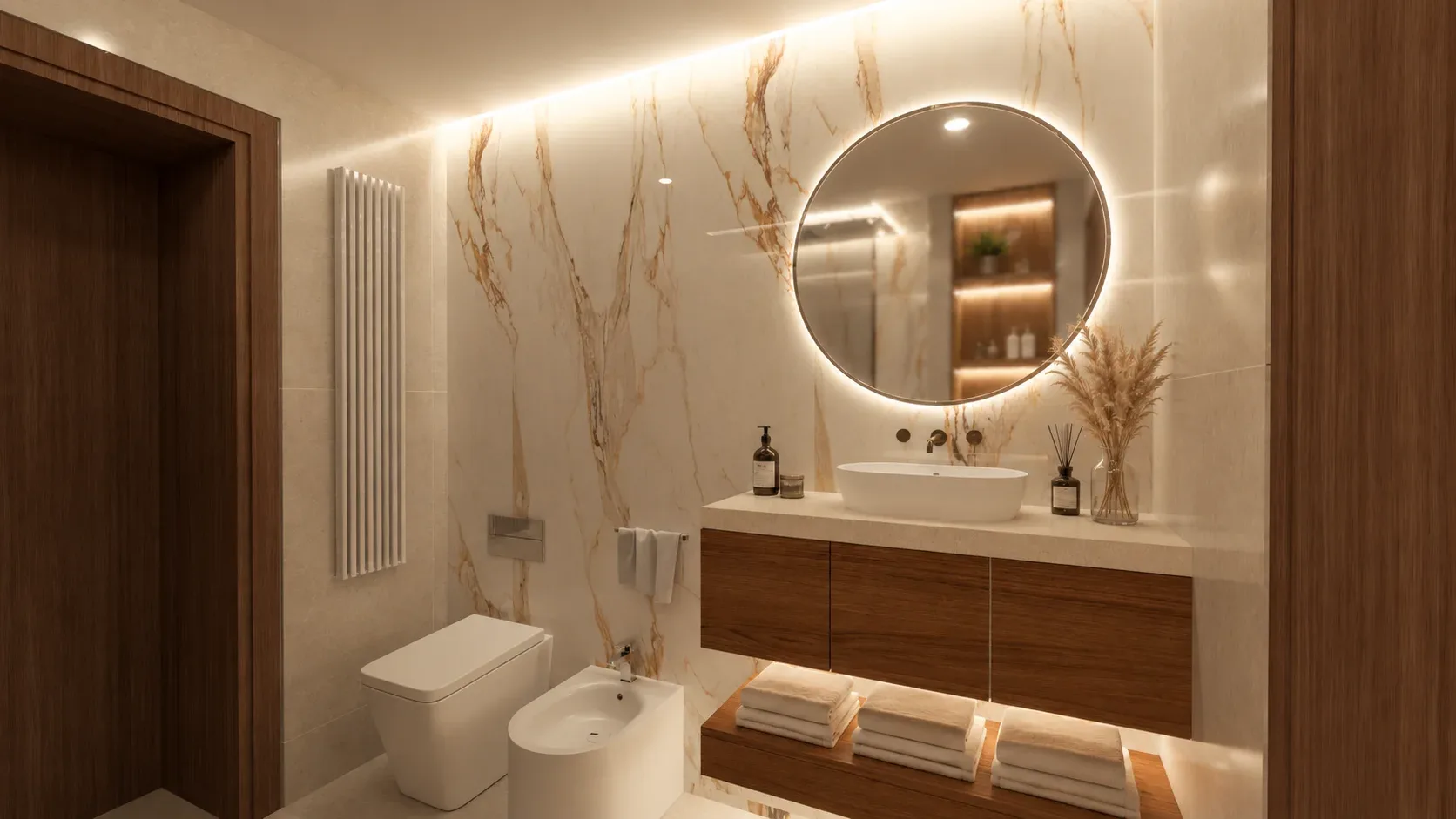 Bagno con specchio circolare retroilluminato, mobile in legno e rivestimento in marmo