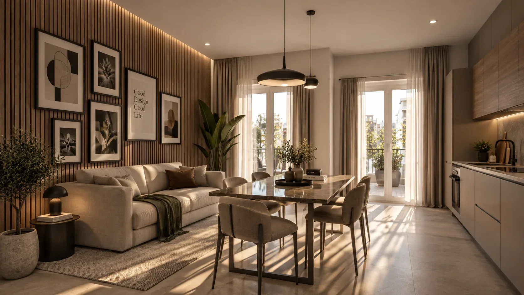 Progetto di soggiorno contemporaneo con zona pranzo, legno e luce naturale