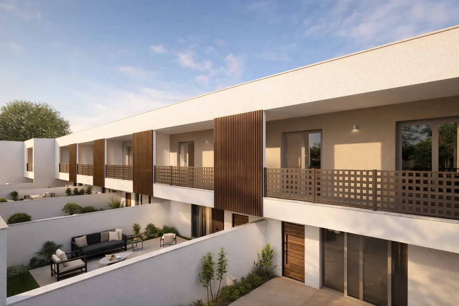Vista prospettica di edificio residenziale con balconi, terrazze e rivestimenti in legno